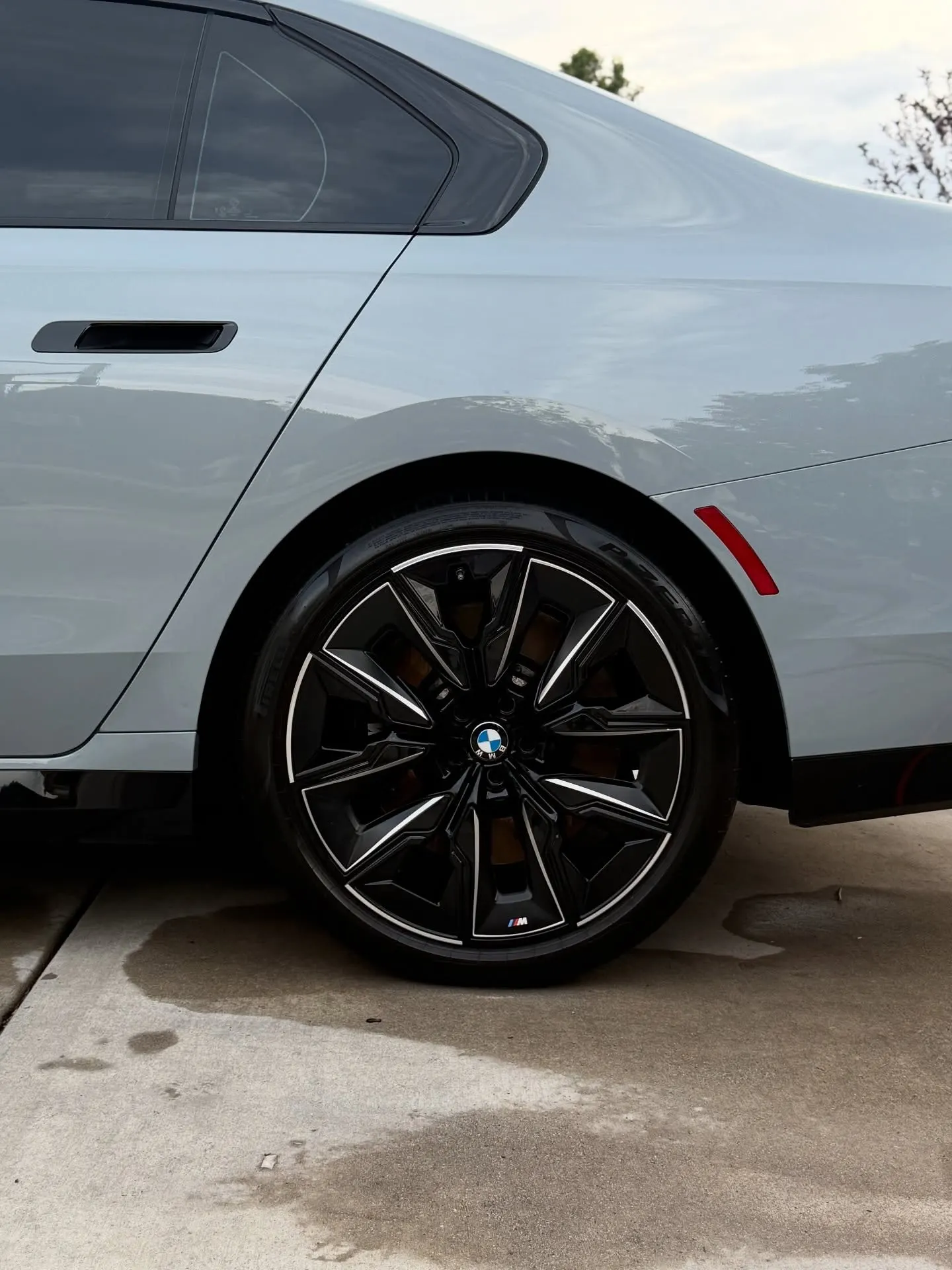The side of a gray BMW 7 Series in a driveway, freshly detailed